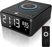 Gelielim CD Player Boombox with Remote, Dual Alarm Clock Radio, Wireless Charger, Bluetooth Digital FM Radio, MP3/USB Music Player, Snooze & Sleep Timer, Dimmable Mirror LED Display （Black）