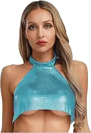 [RUNQHUI] Women's Sequin Metal Chain Crop Top Sleeveless Halter Neck Backless Vest for Rave Dance Clubwear