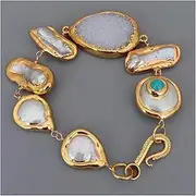LAnGSHAW Cultured White Coin Biwa Freshwater Pearl AgatesDruzy with Electroplated Wrap Bracelet 8.5" for Women
