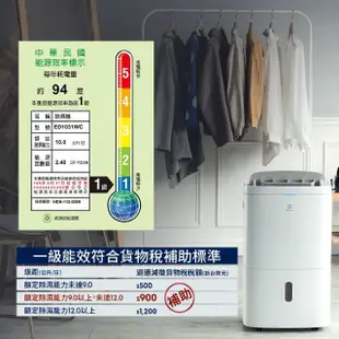 【Electrolux 伊萊克斯】10L 極適家居300清淨除濕機 除濕適用空間13坪(ED1031WC 晨曦白)