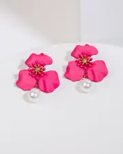 Pink Big Flower with Pearl Earrings