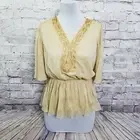 American Glamour Badgley Mischka Size XS Gold Beaded Chiffon Peplum Blouse Top