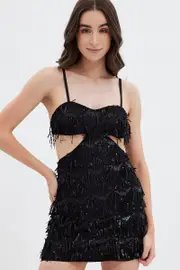 Black Cutout Sequin Dress Tassels - Size 10, Women's Bodycon Dress