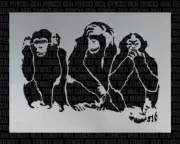 3 Wise Monkeys Stencil Paint Walls Fabrics Canvas Art Reusable Home Decor
