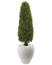 Nearly Natural 41in Boxwood Topiary with Textured White Planter UV Resistant (Indoor/Outdoor) NoSize Green