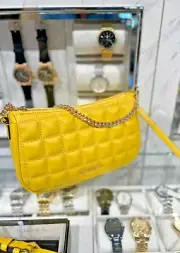 Michael Kors Carmela MD Pouchette Crossbody Bag Quilted Chain Strap-Daisy Yellow