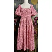 Anthropologie Puff Sleeve Red Floral Smocked Midi Dress M