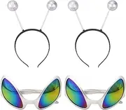 4 Pcs Alien Costume Accessories Set 2 Pcs Alien Glasses Alien Sunglasses with 2 Pcs Silver Martian Antenna Headband Boppers for Halloween Party Supplies