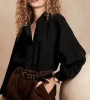 NWT! Banana Republic Black Balloon Sleeve Button Front Silky Twill Blouse Top XS