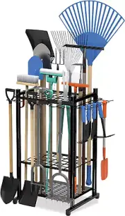 Garden Tool Organizer with Storage Hooks, Yard Tool Tower Rack for Garage Organi