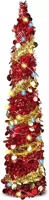 Christmas Tree with String Light, 5FT Pop up Pencil Tinsel Xmas Tree with 6M 40L