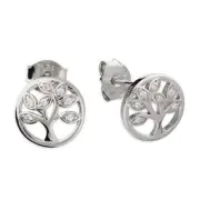 Earring Cubic Zirconia Tree of Life Circle Stud Sterling Silver