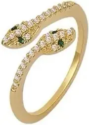 [Elarith] couple two-headed snake zircon gold ring; Emeralds adjustable opening men's/women's all-purpose jewelry, Gold Plated Brass, Zircon