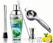 14OZ Cocktail Shaker Bar Set, Mixed Drink Recipe Measurements on Glass Shaker Bottle, Mixing Spoon, Measuring Jigger, Lemon Squeezer and Stainless Steel Muddler Bar Set Tools Bartender Kit