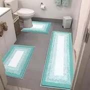 Bsmathom Microfiber Bathroom Rugs Sets 3 Piece, Non-Slip Absorbent Bath Mats for Bathroom, Soft Shaggy Bathroom Mat with U-Shaped Toilet Rug Machine Washable, Teal