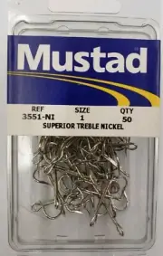 Mustad 3551NI-1-50 Nickel Treble Saltwater Superior, Size #1 Fish Hooks 50pk