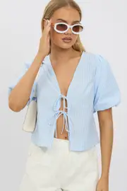 Blue Stripe Tie Front Top Puff Short Sleeve - Size 6XXS, Women's Jacket