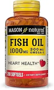 Mason Natural, Omega 3 Fish Oil 1000mg Softgels, Bonus Size 200-Count Bottle, Dietary Supplement Supports Heart, Eye, Brain and Joint Health with Omega 3 Fatty Acid Healthy Fats