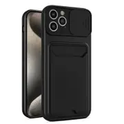 For Apple iPhone 15 Pro Max Card Holder Mobile Phone Case Camera Protection Lens Slider Camera Shutter Wallet Cover(Black)