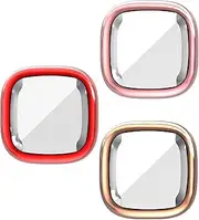 Case Intended for Fitbit Sense Versa 3 Bands Screen Case Bumper All-Around Full Cover Soft Frame Protective case Intended for Versa3 Smartwatch (Red&Pink&Rosegold)
