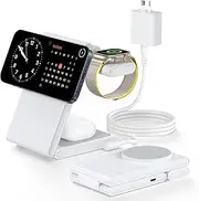 Meifigno 2024 Upgraded 3 in 1 Foldable Magnetic Wireless Charging Station with PD 20W USB-C Adapter, Compatible with MagSafe, Charger Stand for iPhone 15/14/13/12 Series, Apple Watch, AirPods, White