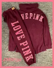 Victoria's Secret Pink Tie Dye Varsity Hoodie Tee Shirt + Pants Set Maroon M L