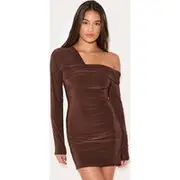 Dark Chocolate Double Layer Slinky Off Shoulder Mini Dress, Dark Chocolate