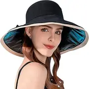 [ZUNGGWOK] Sun Hats for Women UV Protection Wide Brim Bucket Hat Foldable Travel Beach Hats with Windproof Tether (Black)