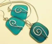 TEAL Cultured sea glass hand hammered 925 silver custom design set 20" necklace