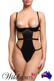 NEW Dita Von Teese Von Follies Beau Teese Open Cup Black Satin Bodysuit