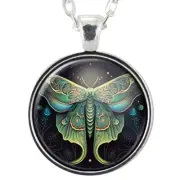 Handmade Magic Green Moth Art Pendant Necklace, Gothic Witch Jewelry