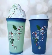 Starbucks Holiday 2021 Blue Candy Cane Color Changing Hot Cups