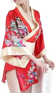 [CUZKDPF] Women's Sexy Kimono Lingerie Pink Blossom Pattern Mini Kimono Dress Nightgown Bathrobe Short Yukata with OBI Belt/36