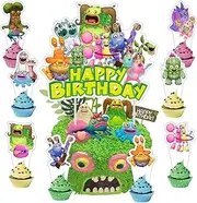 25pcs Singing Monsters Cake Decorations with 24pcs Cupcake Toppers, 1pcs Cake Topper for Singing Monsters Birthday Party Supplies