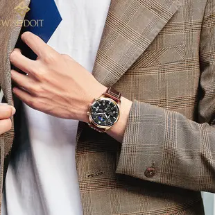 100%官方原版 ZUNPAI尊派 男生手錶 皮革錶帶手錶男士商務休閒流行錶 防水手錶 日月星辰夜光石英錶精品錶玫瑰金色