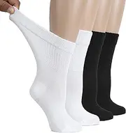 Hugh Ugoli Women's Cotton Diabetic Crew Socks, Wide, Thin, Loose Fit and Stretchy, Seamless Toe & Non-Binding Top, 4 Pairs, Black / White (4 Pairs), 9-12