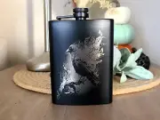 Liquor Hip Pocket Flask With Funnel, Engraved Spirit Raven Art Booze Drink Gift