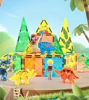 Magnetic Tiles Building Blocks with Storage Pouch, Dinosaur Theme, Kids Ages 3+, Educational Toy, Best Gift Idea, 49 PCS, Creative Play, Montessori Toys, Christmas, Birthday.