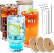 16oz Glass Cup with Lid and Straw, Ribbed Drinking Glasses, Ribbed Glass Cups, Stackable Glasses Fluted Glassware Set of 4 for Iced Coffee, Beer, Cocktail ETC...