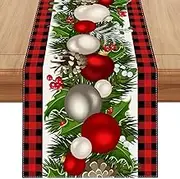 Linen Red and Black Buffalo Check Plaid Christmas Table Runner 72 Inches Long Seasonal Winter Christmas Xmas Holiday Farmhouse Style Table Decoration