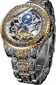 [FORSINING] Retro Watch for Men Carved Self-Wind Mechanical Tattoo Tourbillon Moon Phase Independent Seconds Skeleton Automatic Big Dial Wrist Watches, Gold, strap