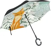 Double Layer Inverted Umbrella Cars Reverse Umbrella Fox Winter Forest Windproof UV Proof Travel Outdoor Umbrella
