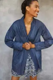 Anthropologie Pilcro M Quilted Denim Kimono Jean Jacket Coat Patchwork Blue NWT
