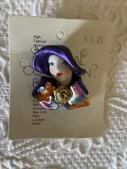 VINTAGE S.J.C. ORIGINAL PORCELAIN Purple Outfit FACE MASK PIN BROOCH 3”