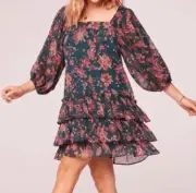 Band Of The Free Mandy Floral Pine Berry Sheer Sleeve Babydoll Dress Ruffle Med