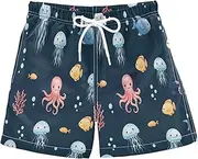 [RPLIFE] Swim Boy Shorts, Anti Chafe Swim Trunks for Boys 2 T, Cute Jellyfish Coral Dark Blue