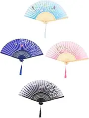 HOOTNEE 4pcs Retro Hand Fans Vintage Style Handheld Folding Fan Bamboo Silk for Wedding