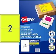 Avery Fluoro Yellow High Visibility A4 Shipping Labels for Laser Printers - Packaging Labels for Businesses - Mailing Stickers - 199.6 x 143.5 mm, 20 Labels / 10 Sheets (959405 / L7168FY)