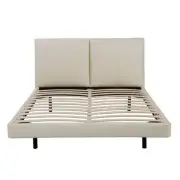 Design Square PU Leatherette Floating Bed Frame With LED Light Queen Size Beige