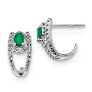 14k White Gold Real Diamond and Emerald Polished J Hoop Earrings